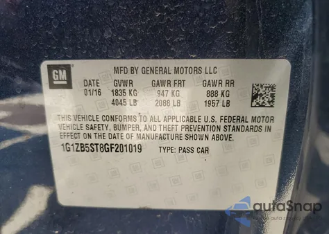 2016 Chevrolet Malibu Ls z USA, uszkodzony, nr VIN 1G1ZB5ST8GF201019